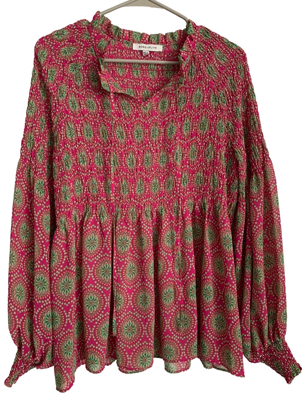 ROSE & OLIVE Women’s Long Smocked Sleeve Ruffle Split V-Neck Blouse